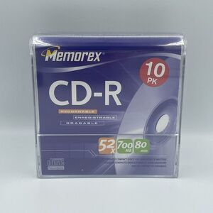MEMOREX CD-R 10 Pack 80 MIN 700 MB 52 X NEW Sealed With Protective‎ Sleeves